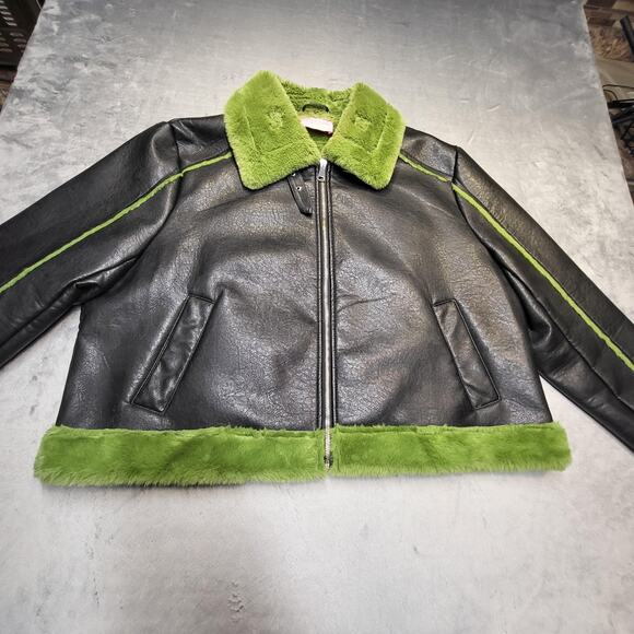 Azalea Wang Jacket Womens 3X Black Green GRINCHY-X Faux Leather Fur Trim Zip - Picture 1 of 9